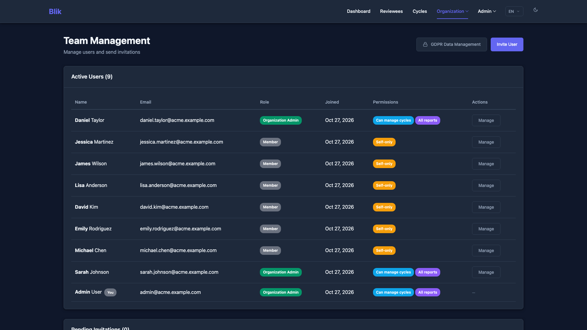 Team Management Interface - Dark Theme
