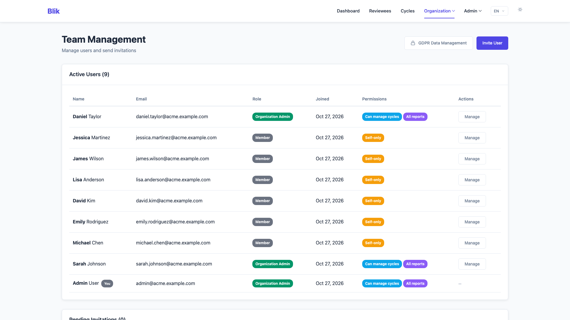 Team Management Interface - Light Theme